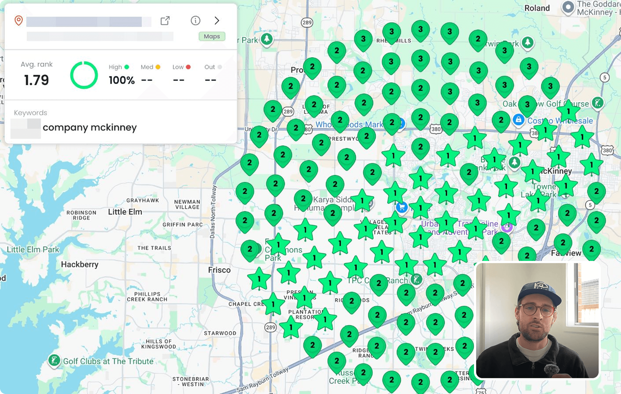 Map of a service area covered in top-3 ranking pins, with an average rank of 1.79
