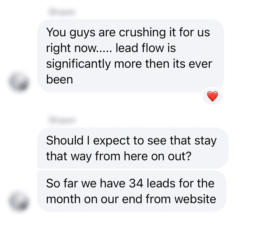 Shawn's messages about stronger lead flow and 34 website leads this month