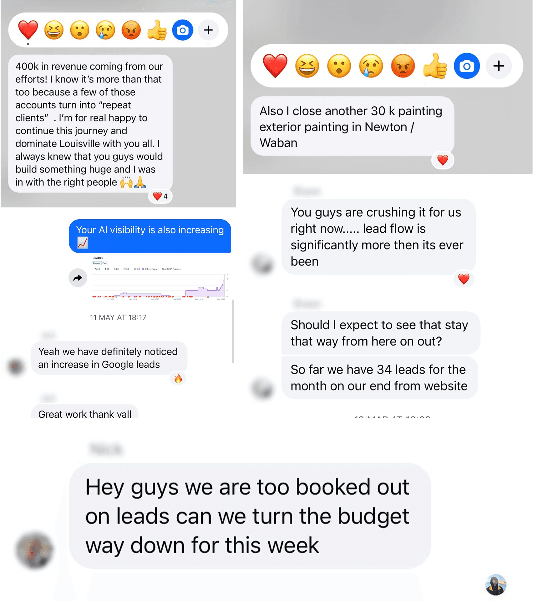 Client messages about $400k in revenue, a $30k painting job, more Google leads, 34 website leads this month, and being booked out on leads